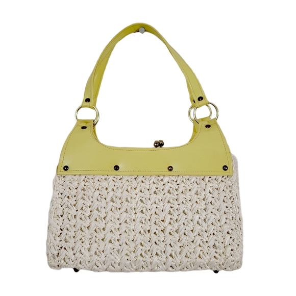 Vintage Handbags - 60s Vintage Mod Neon Yellow Woven Straw Hand Bag